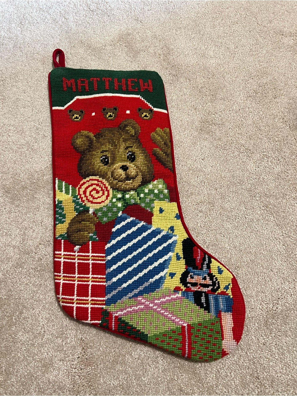 βMatthewβ Hand Stitched 100% Wool Christmas Bear Stocking